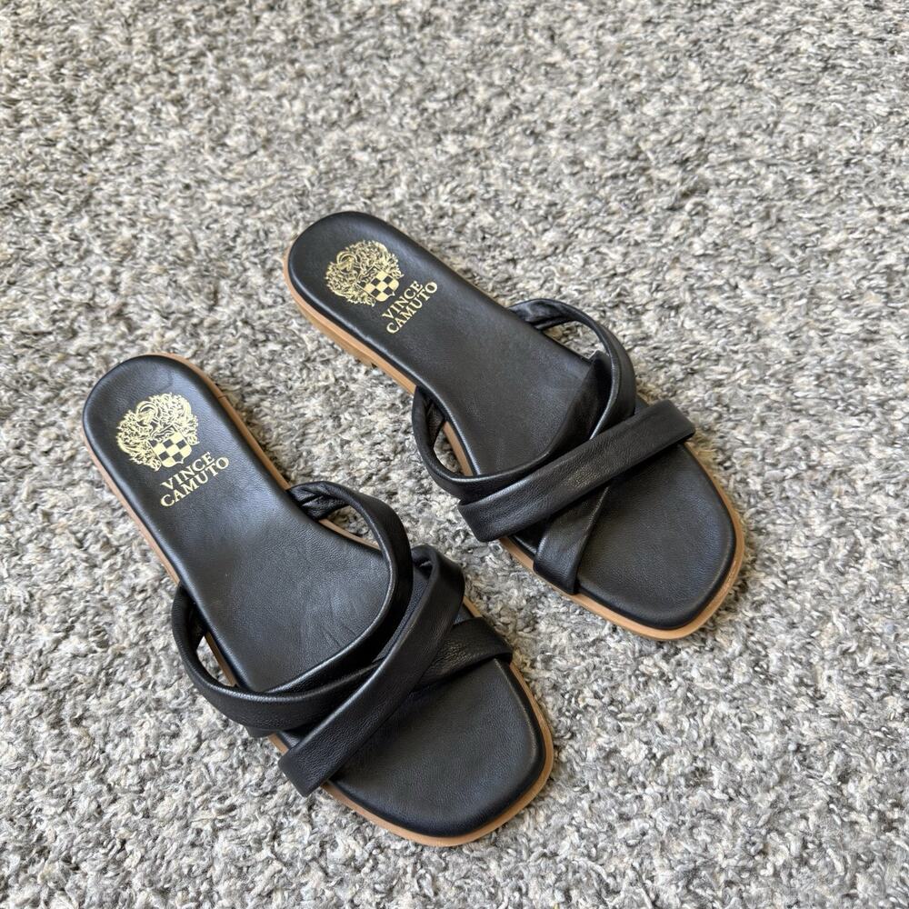 Vince Camuto Women’s Black Leather Olya Slide Sandals Size 11 Flats New - Picture 1 of 5